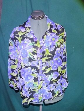 Sarah Bentley Floral Button-Up Blouse in Black and Purple